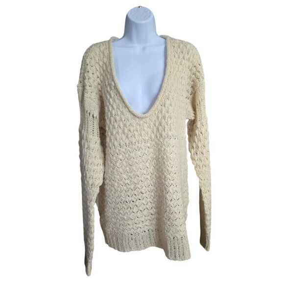 Free People Ivory‎ Crashing Waves Oversized Open-Knit Chunky Boho Sweater M Wool - Picture 1 of 15